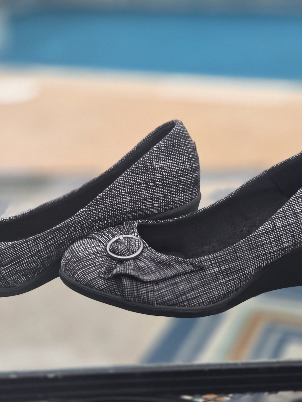 Women’s Black & Gray Textured Wedge Flats with Ring Accent